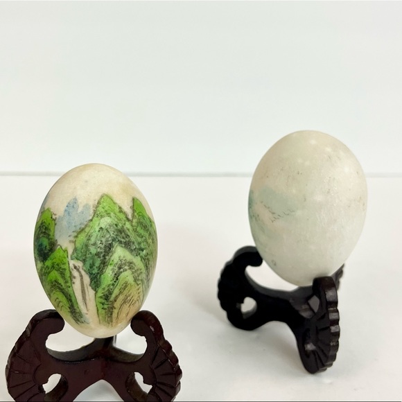Vintage Set of Hand Painted Oriental Landscape Stone Egg - Picture 3 of 12